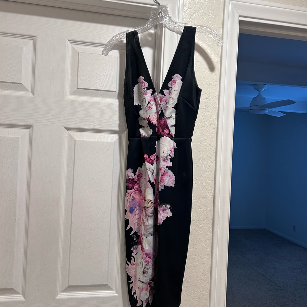 Ringuet Elegant Black and Pink Floral Midi Dress